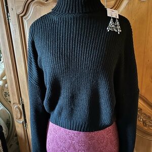 Zaful Black Ribbed Turtleneck Sweater w/Bead & crystal drop earrings